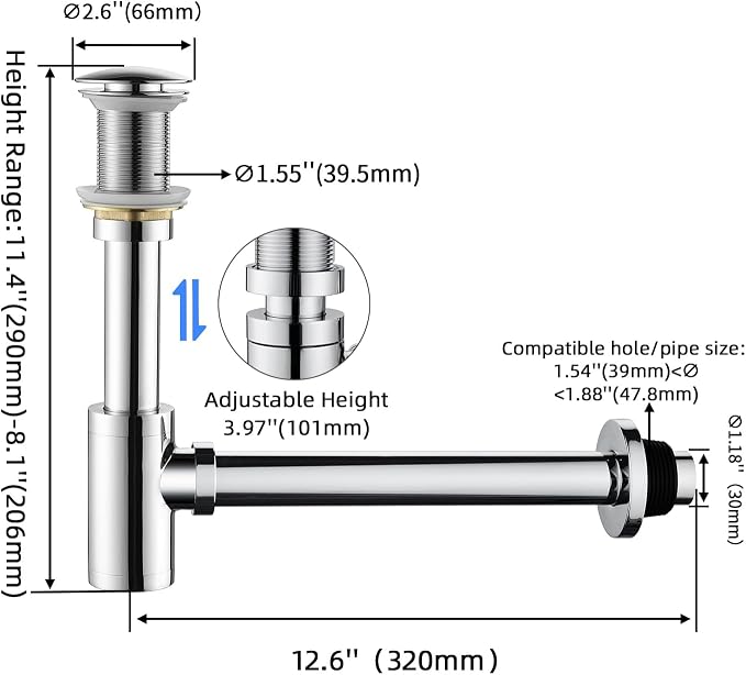 Bathroom Sink Stopper P-Trap Complete Set Adjustable 1-1/4 Bottle Trap Solid - Image 3