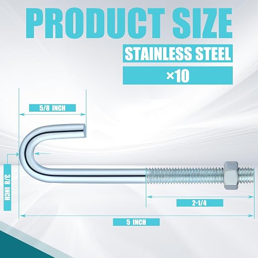 Yaocom 10 Pcs J Bolt with Nut 3/8"-16 x 5 Galvanized Steel Concrete Anchors - Image 2