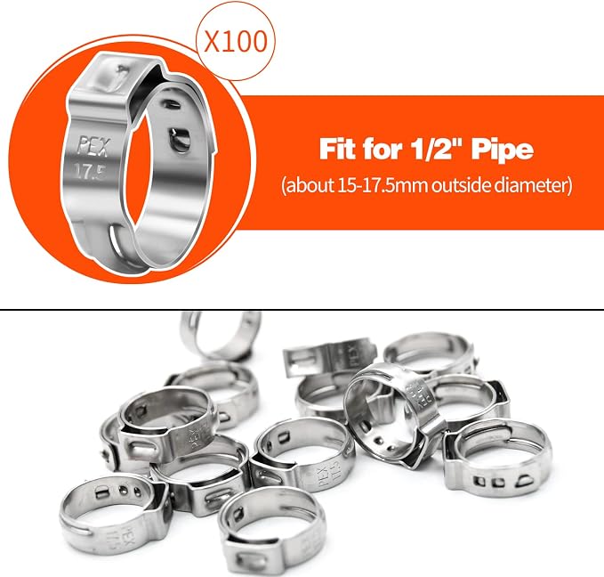 100 Pack 1/2" PEX Cinch Clamps, Stainless Steel Single Ear Hose Clamps - Image 2