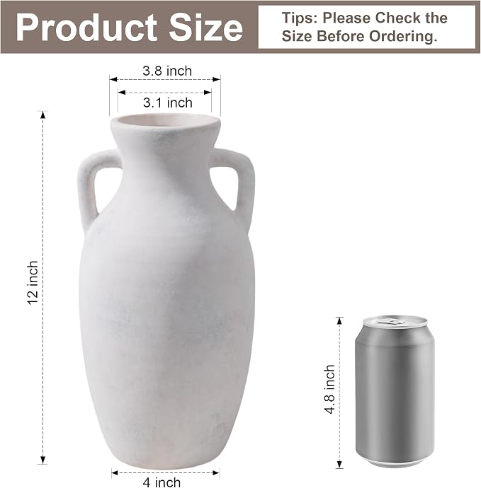 Ceramic Flower Vase with Handles, Neutral Tall Clay Decorative Terracotta Vases - Image 2