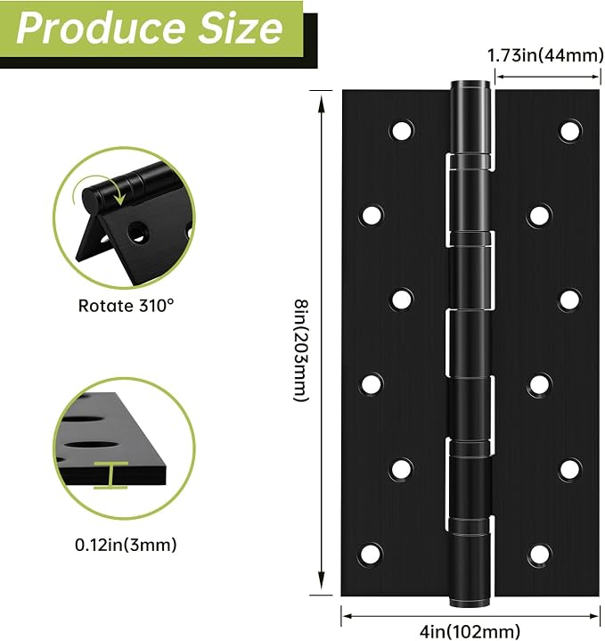 8" Ball Bearing Door Hinges 2 Pack, Heavy Duty Stainless Steel Hinge 8 x 4 Inch - Image 2