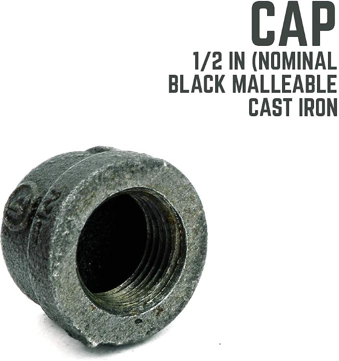 1/2" Cap Fitting, PIPE DECOR Black Malleable Iron Fittings Fit Standard 1/2 - Image 3