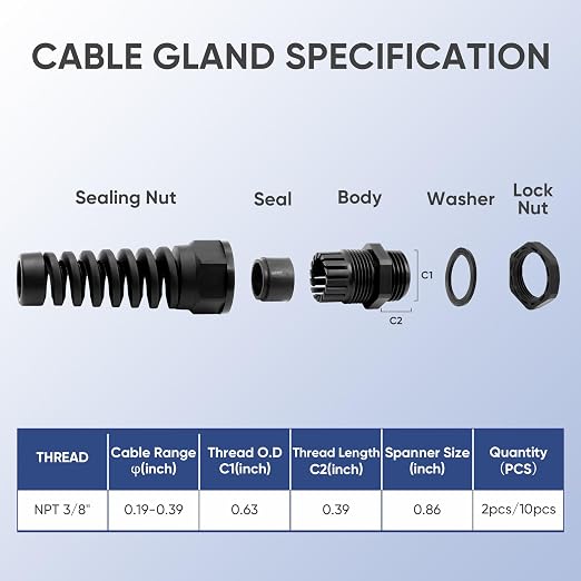 Strain Relief Cord Connector, LISTENJIALE 10Pcs NPT 3/8" Waterproof Cable Gland - Image 2