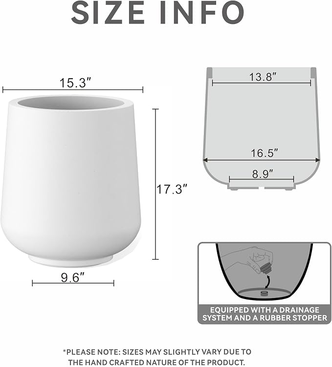 Kante Large Round Curved White Concrete Planter 16.5" Dia, Outdoor | Rubber Plug - Image 2