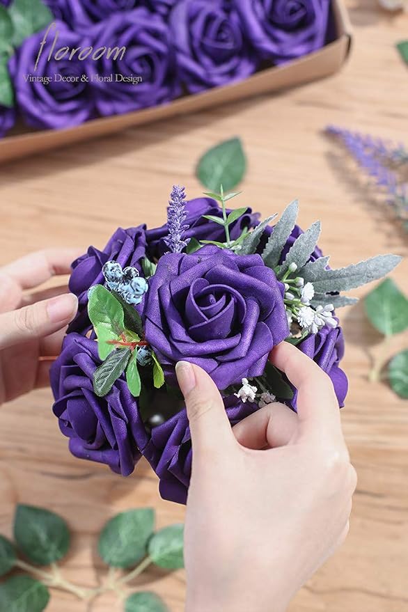 Artificial Flowers 25pcs Real Looking Dark Purple Foam Fake Roses - Image 2