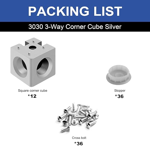 12pcs 3030 3-Way Corner Cube 3030 Extrusion Hardware Silver | T-Slot V-Slot - Image 3