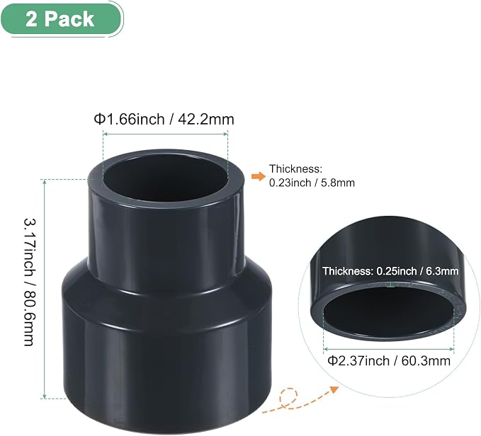 M METERXITY 2-Pack UPVC Reducer Pipe Fitting 2"x1-1/4" Reducing Grey | Coupling - Image 3