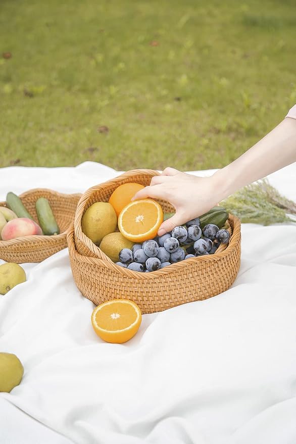 HITOMEN Handmade Rattan Bread Baskets Round Wicker Fruit Serving Storage Bowls - Image 2