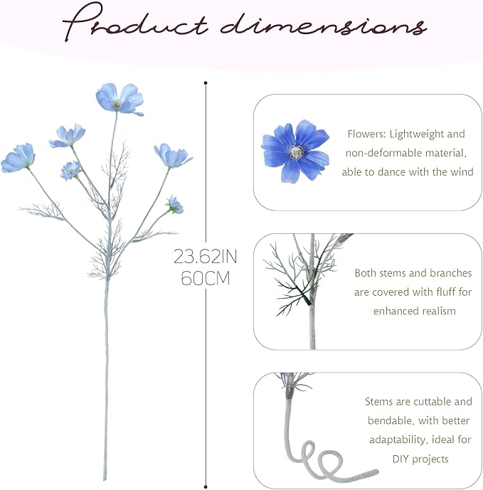 4 Pcs Deep Blue 24" Tall Artificial Cosmos Flowers - Image 2