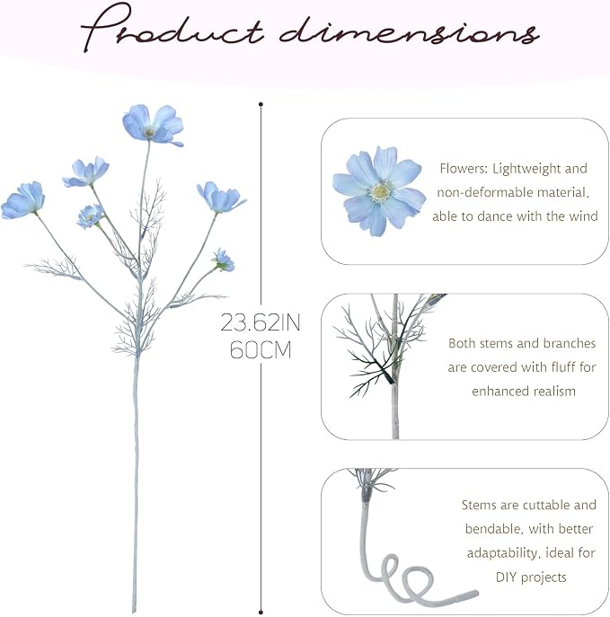 4 Pcs Light Blue 24" Tall Artificial Cosmos Flowers - Image 2