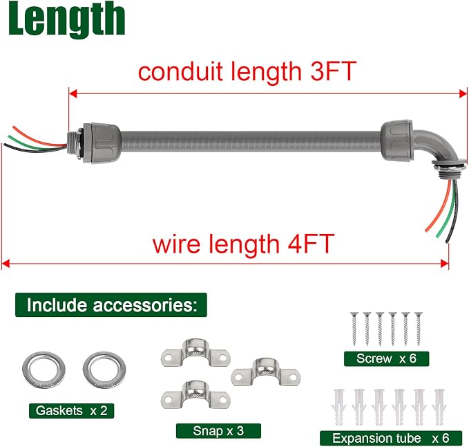 4FT Liquid-Tight Conduit Kit, 1/2" Pre-Wired Electrical Whip - Image 5