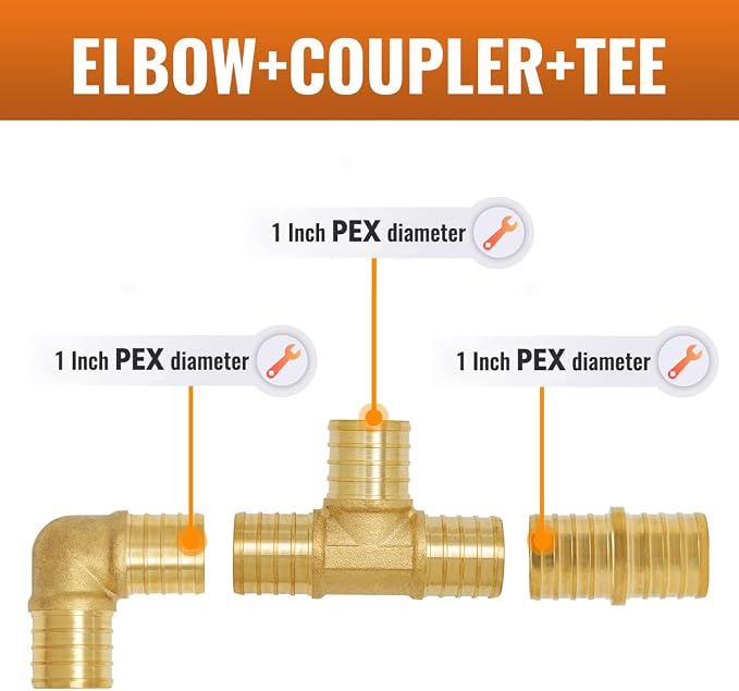 30-Pack 1 Inch PEX Fittings Kit, 10 Each Elbow Tee Coupling | Brass Crimp Pipe - Image 3