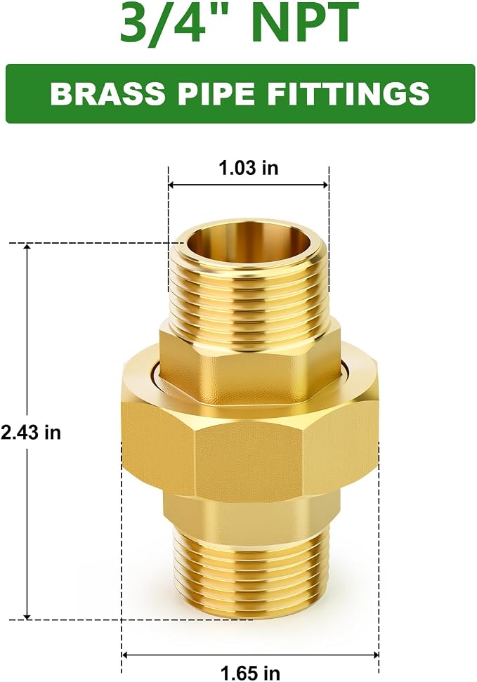 1PCS Brass Union，3/4" NPT Male x 3/4" NPT Male Brass Pipe Fitting - Image 2