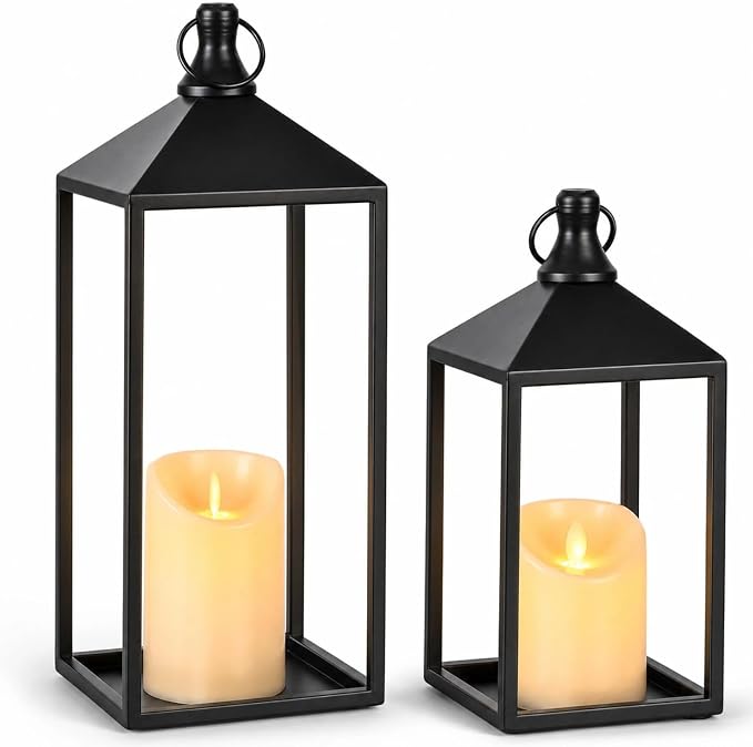 2 Pcs Black Decorative Metal Lanterns Farmhouse Lantern Decor by MATAHUMbeyourbetterchoice