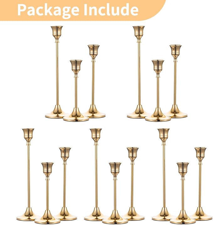 NUPTIO Gold Candlestick Holders Bulk: Solid Aluminum Set of 15 | Brass Candle - Image 8