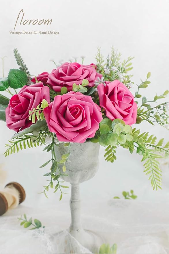 Artificial Flowers 25pcs Real Looking Hot Pink Foam Fake Roses - Image 5