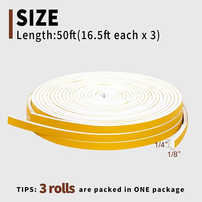 Yotache White Doors Windows Weather Stripping 1/4" x1/8", Total 50 Ft | Foam - Image 4