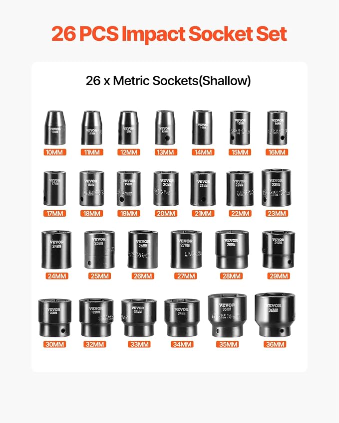 VEVOR 1/2" Drive Impact Socket Set 26-Piece, Metric Sizes Standard Socket Set - Image 3