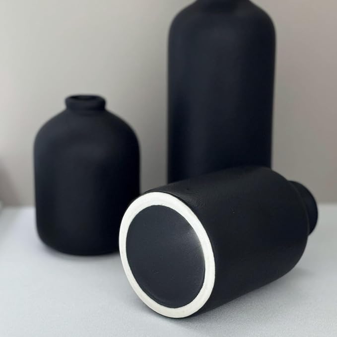 Small Black Ceramic Vase Set of 3, Modern Boho Farmhouse Flowers Vases | - Image 8