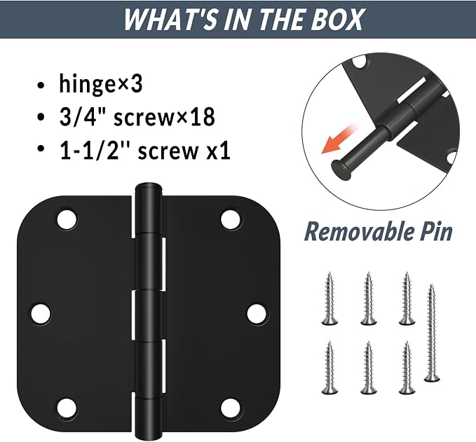 HOSOM 3 Pack Rounded Matte Black Door Hinges 3.5 x 3.5 inch - Image 3