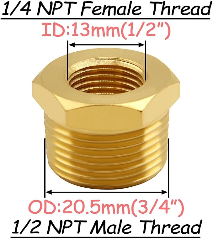 Uenede Brass 1/2" NPT Male to 1/4" NPT Female Reducer Bushing - Image 2