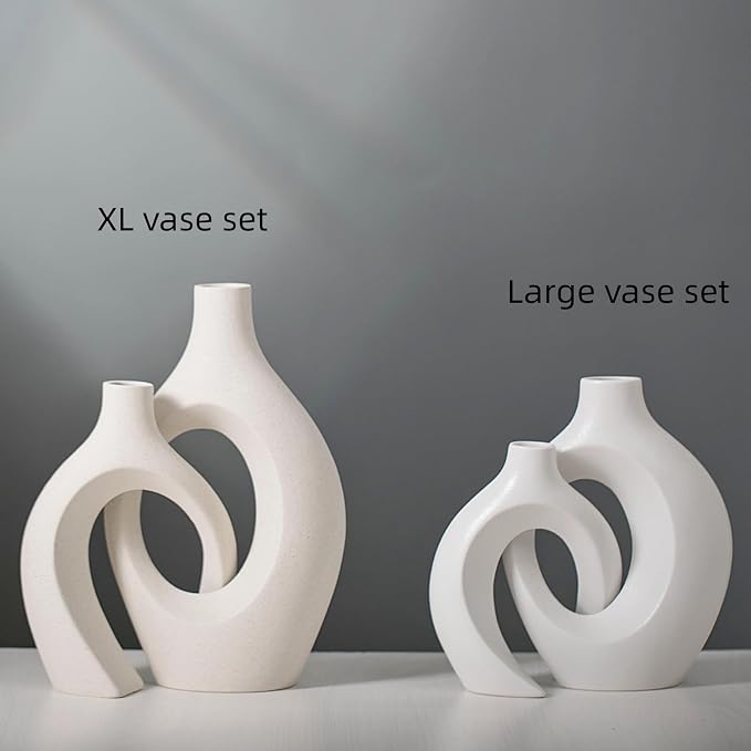 XL Beige Ceramic Vase Set of 2 for Modern Home Decor, Eclectic Entryway Modern - Image 2