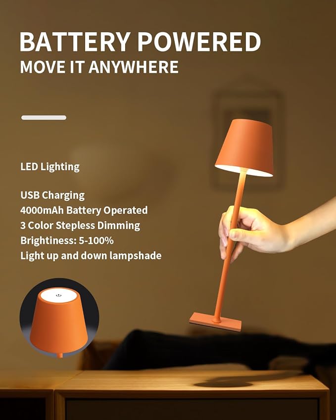 KDG 2 Pack Cordless Orange Table Lamps, Rechargeable Portable LED Desk Lamp | - Image 4