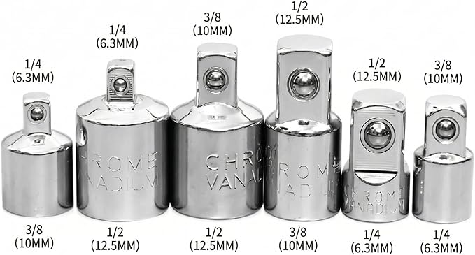 6 PCS Socket Adapter and Reducer Set, 1/4 to 3/8, 3/8 to 1/2, 1/4 to 1/2 Impact - Image 2
