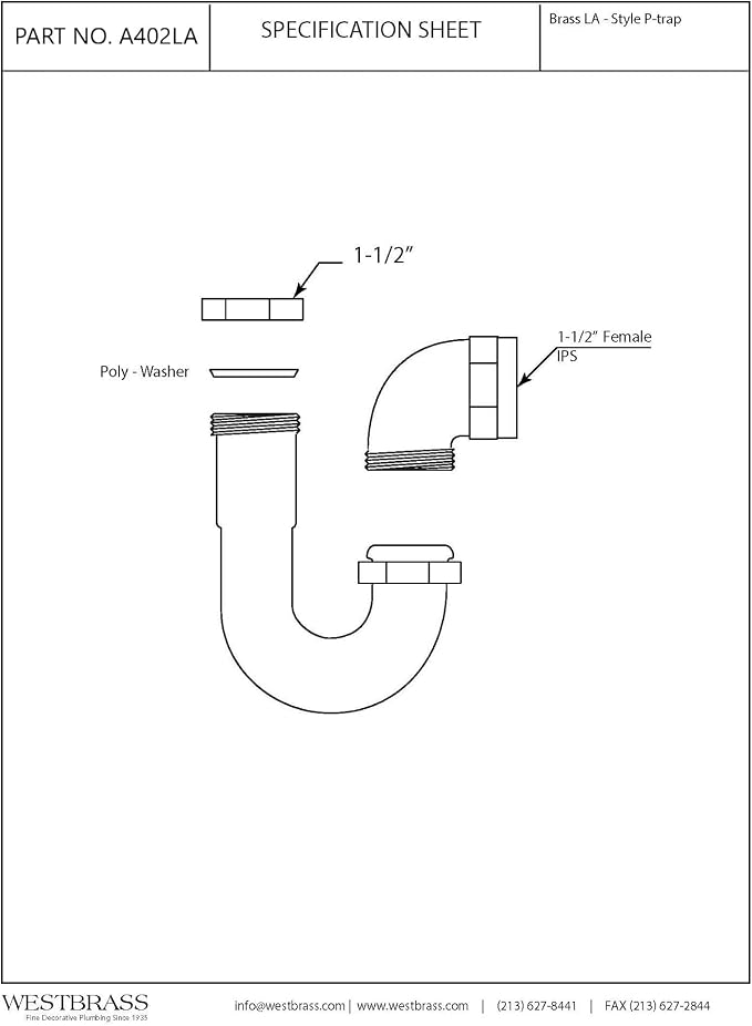 Westbrass A402LA-01 1-1/2" Brass LA Code P-Trap, Polished Brass - Image 2