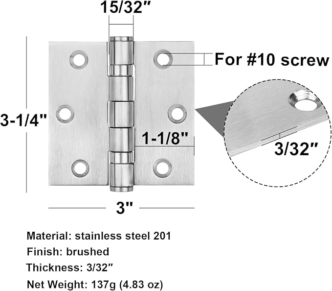 6 Pack 3" x 3" Square Door Hinges, Stainless Steel Butt Hinges | Load 100 lbs - Image 2