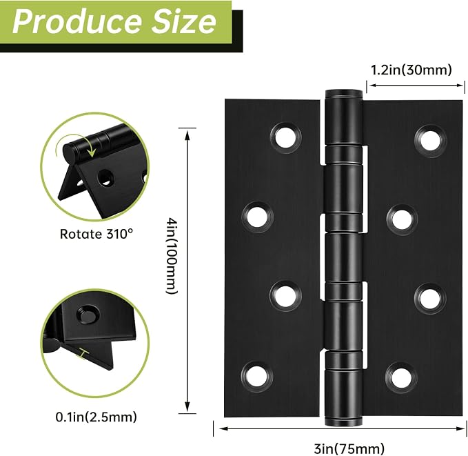 3-Pack Black Door Hinges, 4 Inch Heavy Duty Stainless Steel Hinge - Image 2