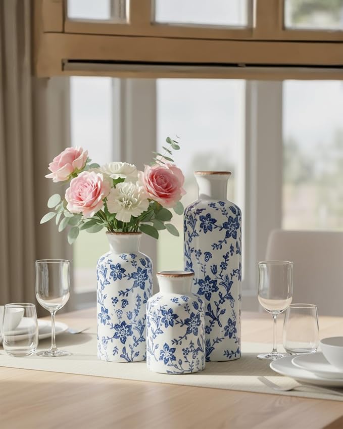 Blue and White Ceramic Vase Set of 3, Vintage Floral Vases - Image 6