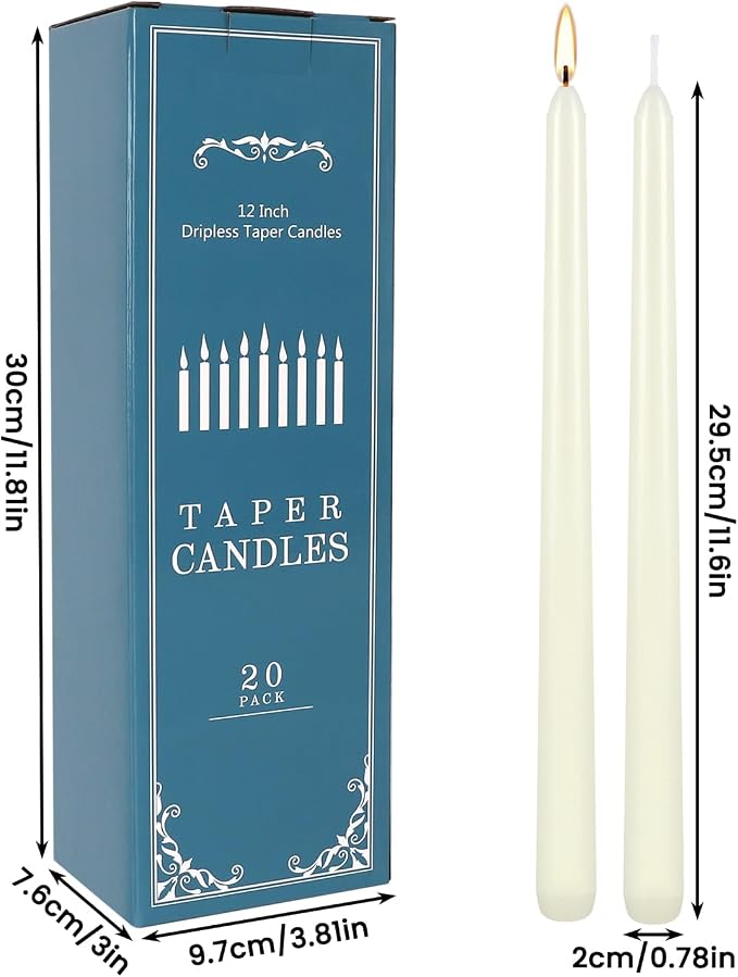 Howemon 20 Pack Ivory Taper Candles 12 Inch Tall 3/4 Inch Thick Burn 10 Hours - Image 2