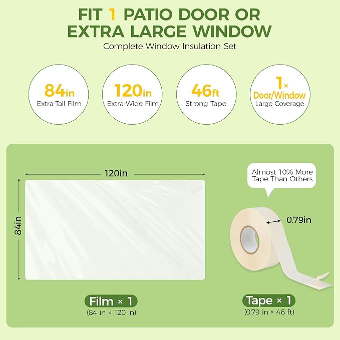 FLYZZZ Patio Door Window Insulation Kit, 84X120in Heavy Duty Winter Shrink Film - Image 2
