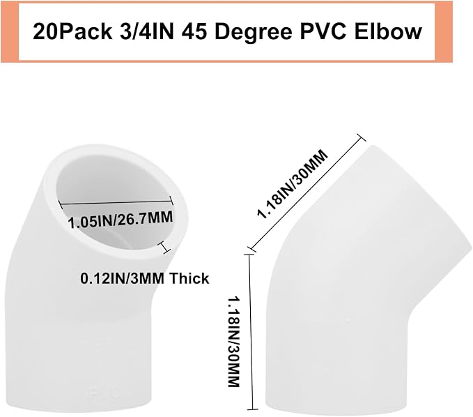 20Pack 3/4" 45 Degree PVC Elbow Pipe Fitting Connector Furniture Build Grade - Image 2