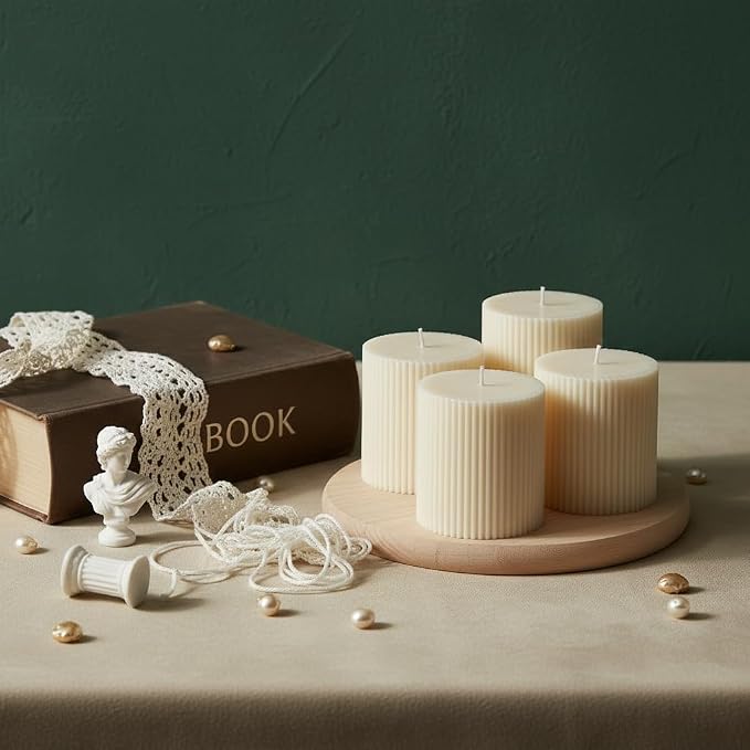 4PC Ribbed Pillar Candles, Small Soy Wax Scented Pillar Candles | Aesthetic - Image 3