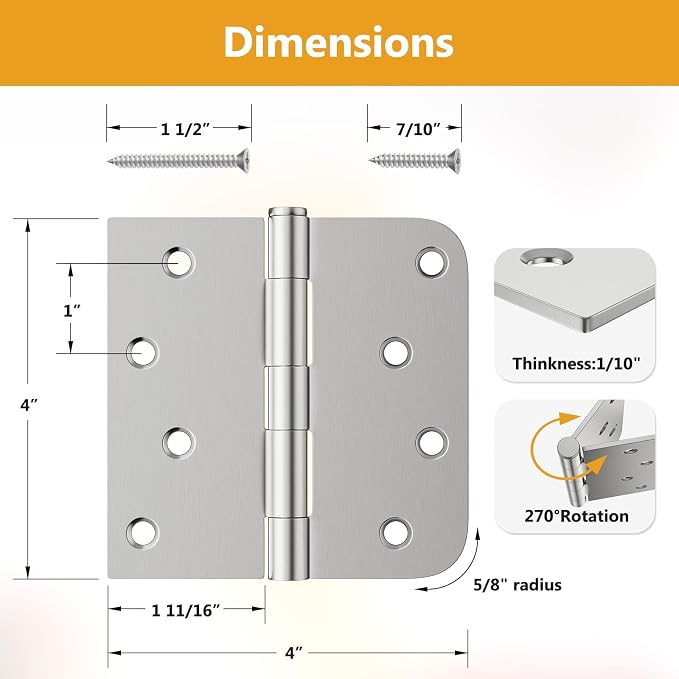 Luxbaro 3 Pack Brushed Nickel Door Hinges 4 Inch, Exterior Door Hinges - Image 2