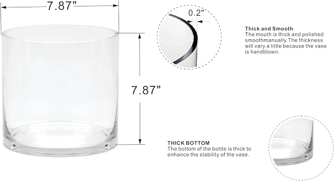 8" Wide 8" Tall Large Hand Blown Sturdy Clear Cylinder Glass Vase, Centerpiece - Image 2