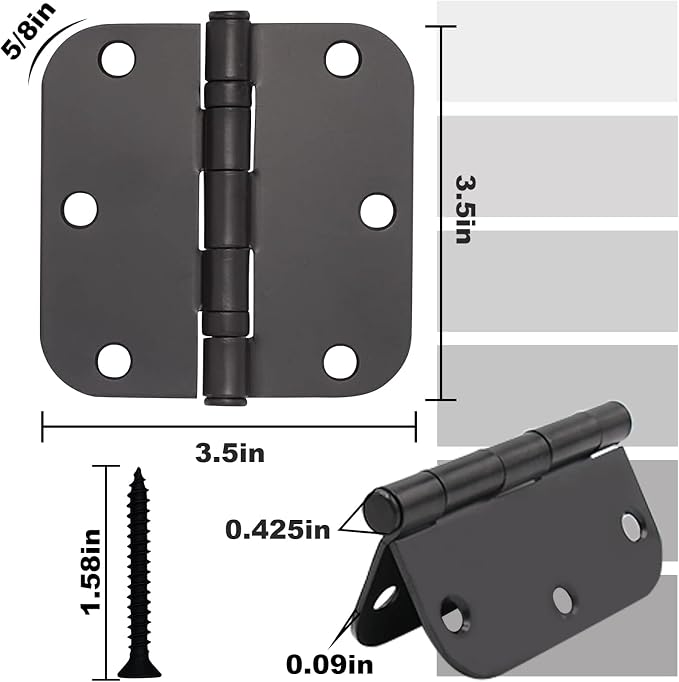 Matte Black Interior Door Hinges 3.5 in 3 Pack 5/8 Radius Steel Residential | 3 - Image 2
