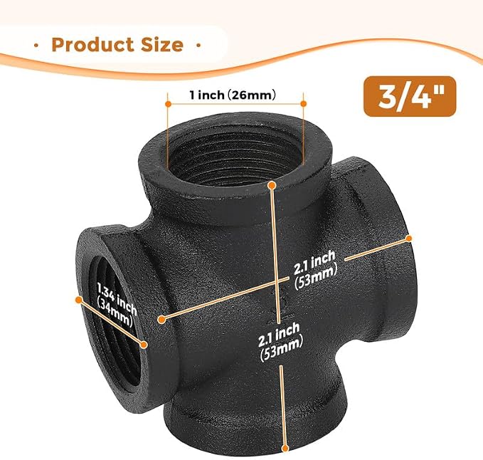 3/4" Black Pipe Fittings 4-Way Cross Fitting Home Expert 4 Pack | Malleable - Image 3