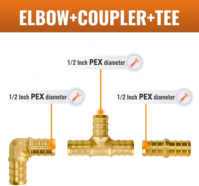 15-Pack 1/2 Inch PEX Fittings Kit, 5 Each Elbow Tee Coupling | Brass, Crimp - Image 2