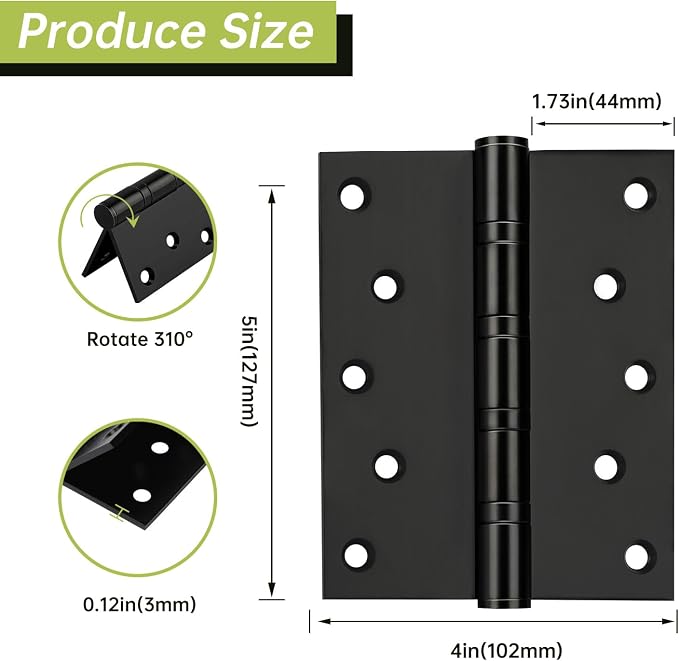 3-Pack Black Door Hinges, 5 Inch Heavy Duty Stainless Steel Hinge - Image 2