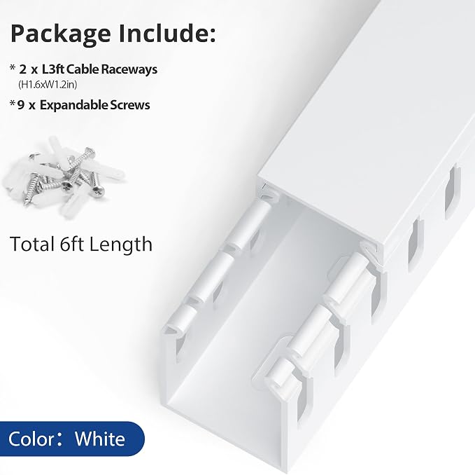 1.6"H x 1.2"W Cable Raceway, 6ft Under Desk Wire Management Channel, 2 Pack - Image 4