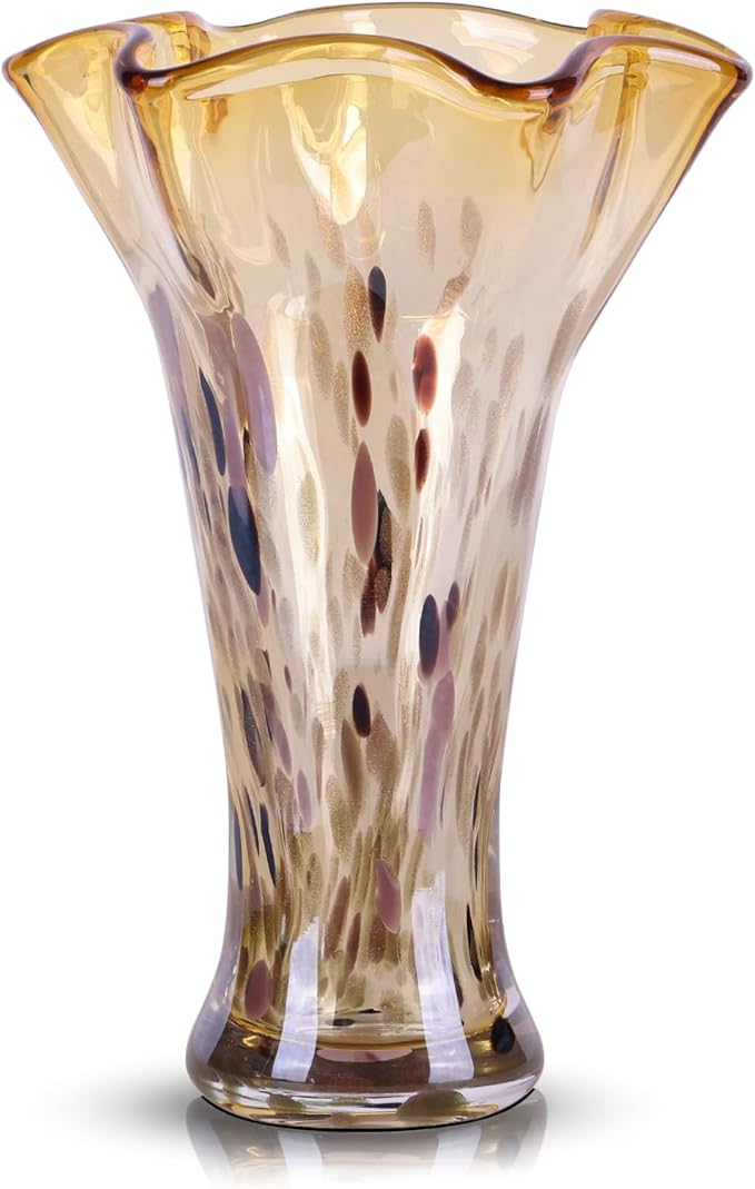 9.0" H Amber Glass Vases for Flower, Unique Hand Blown Glass Vase | Wide Mouth by LCCCK