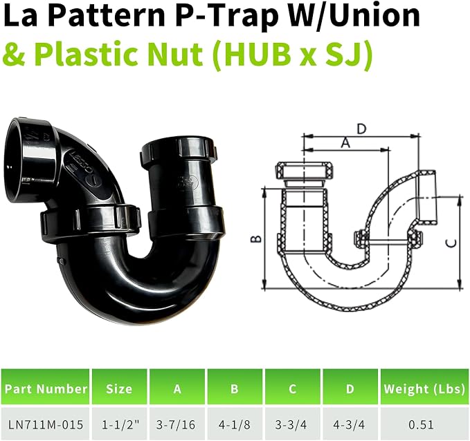 Lesso 1-1/2 Inch DWV ABS Undersink P Trap - Image 7