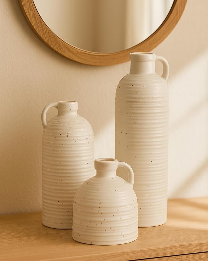White Polka Dot Vase Set of 3, Ribbed Jugs - Image 6