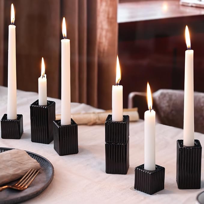LETINE 12pcs Black Vertical Stripe Glass Candlestick Holders - Image 5
