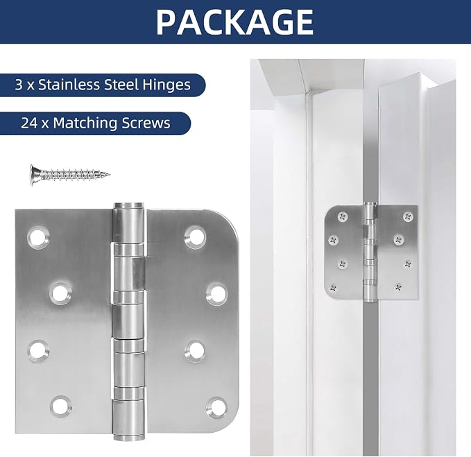 3 Pack Ball Bearing Door Hinges, 4 Inch x 4 Inch Heavy Duty Stainless Steel - Image 2