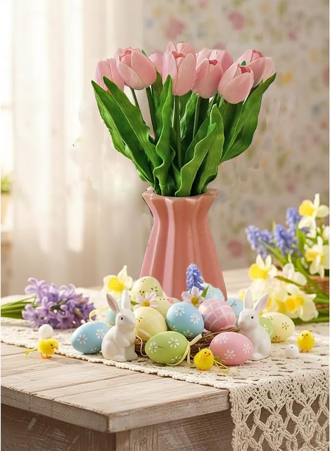 Mandy's 6pcs Artificial Light Pink Tulips | 17.7 Inch Lifelike PU Tulips Faux - Image 7