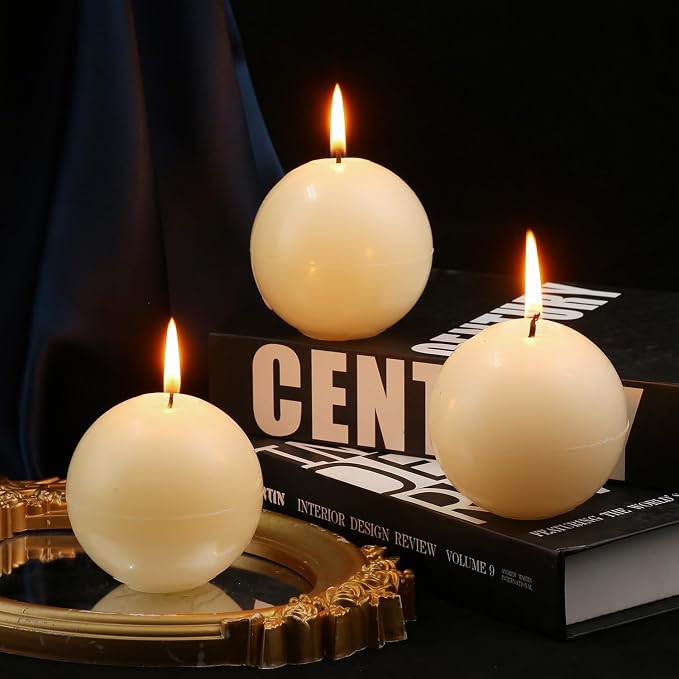 Ball Pillar Candles Set of 3 Ivory 3Inch Unscented Handpoured Weddings - Image 7